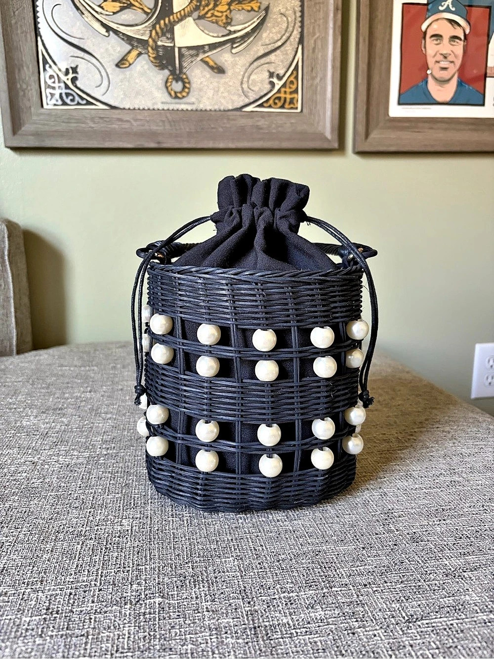 Kate Spade x Target Straw Pearly Bucket Bag Black & White
